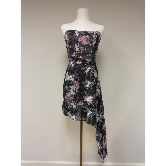 Genavieve The Label Embroidered Floral Print Asymmetric Midi Bandeau Dress Black